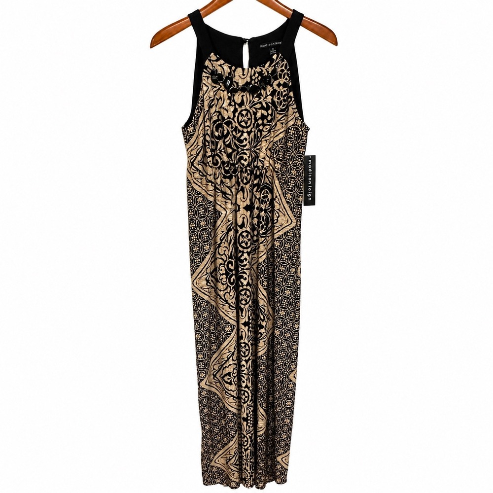 Madison Leigh Tan Black Medallion Print Beaded Neck Maxi Dress 10 1413352M NEW